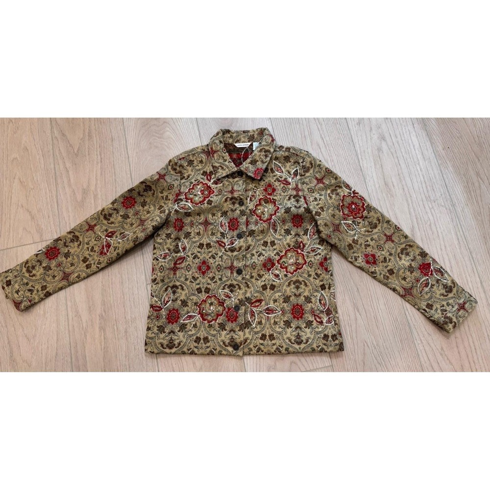 VTG Laura Ashley Tapestry Satin Beaded Button Up Jacket‎ Over Shirt Sz M Browns
